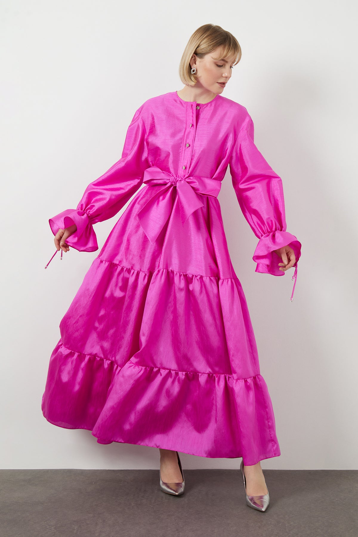 Pink Maxi Dress with Rhinestone Buttons