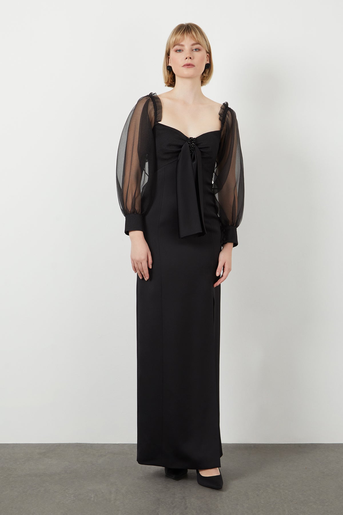 Black Tulle-Sleeve Detail Maxi Dress