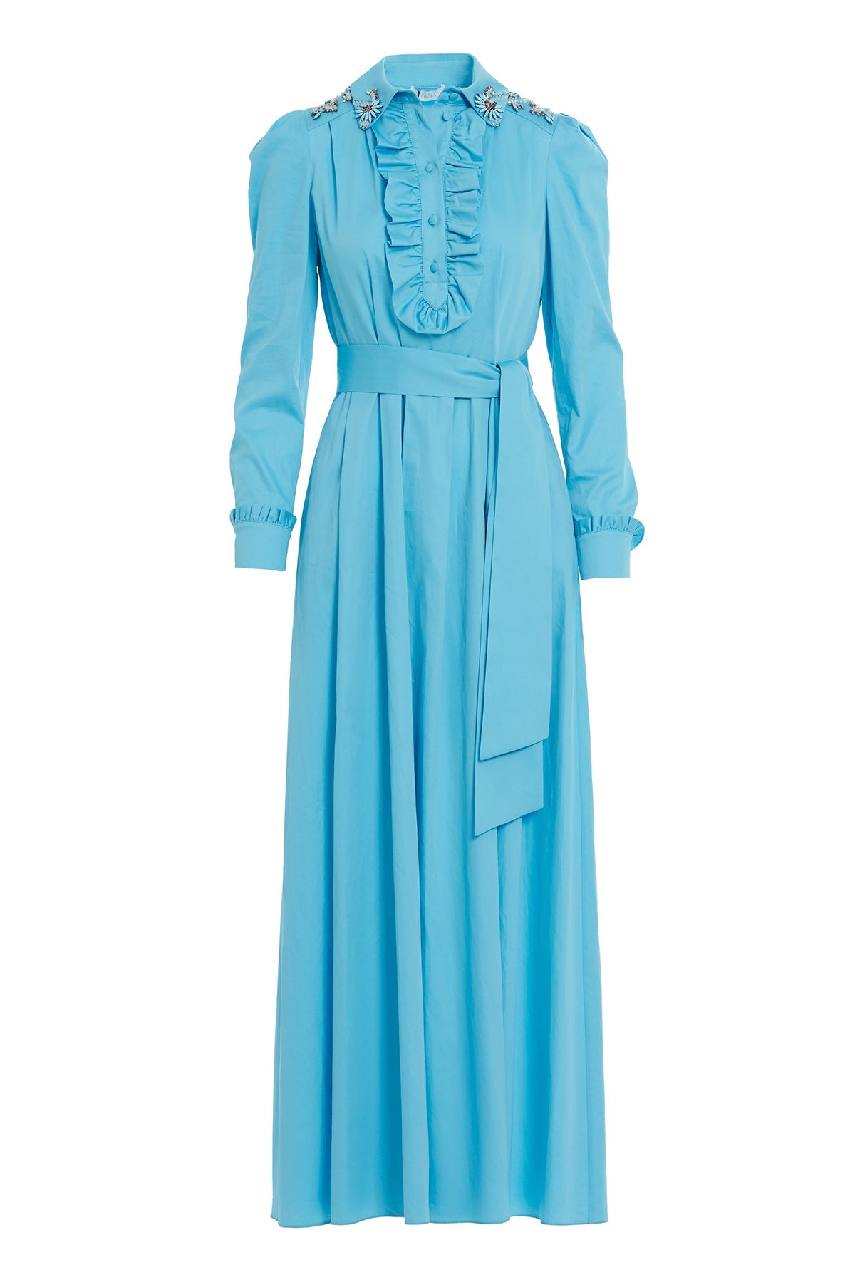 Blue Embroidered-Collar Maxi Dress