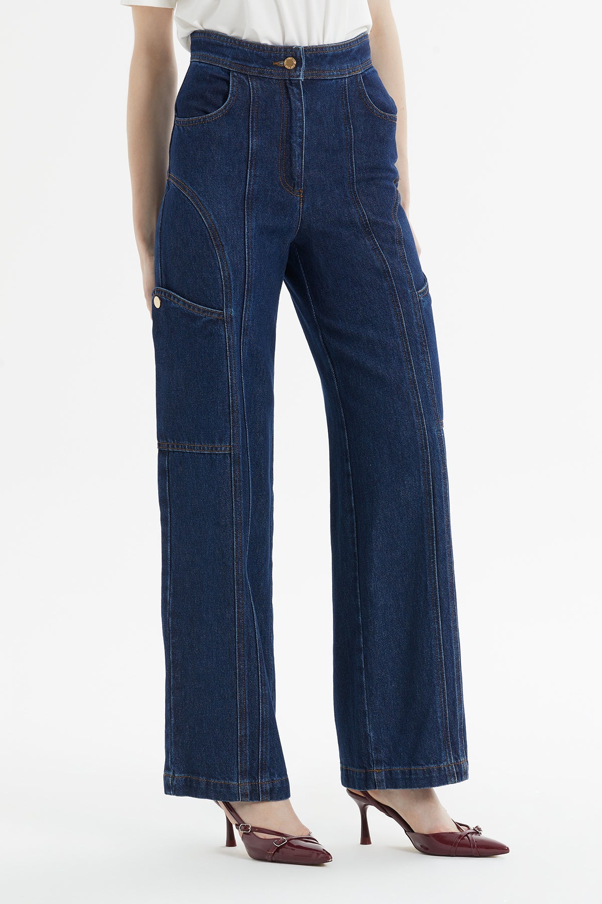 Patchwork Contrast-Stitch Cargo Jeans