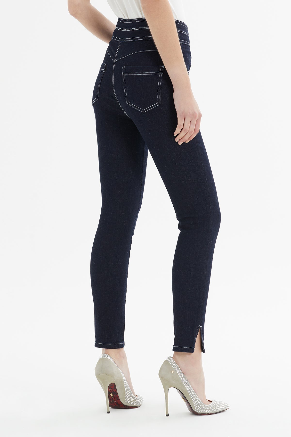 Double-Belt Contrast-Stitch Slim Jeans