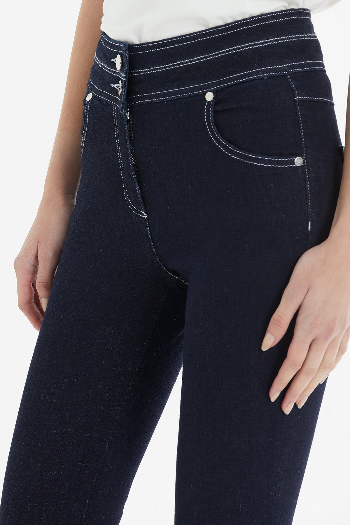 Double-Belt Contrast-Stitch Slim Jeans
