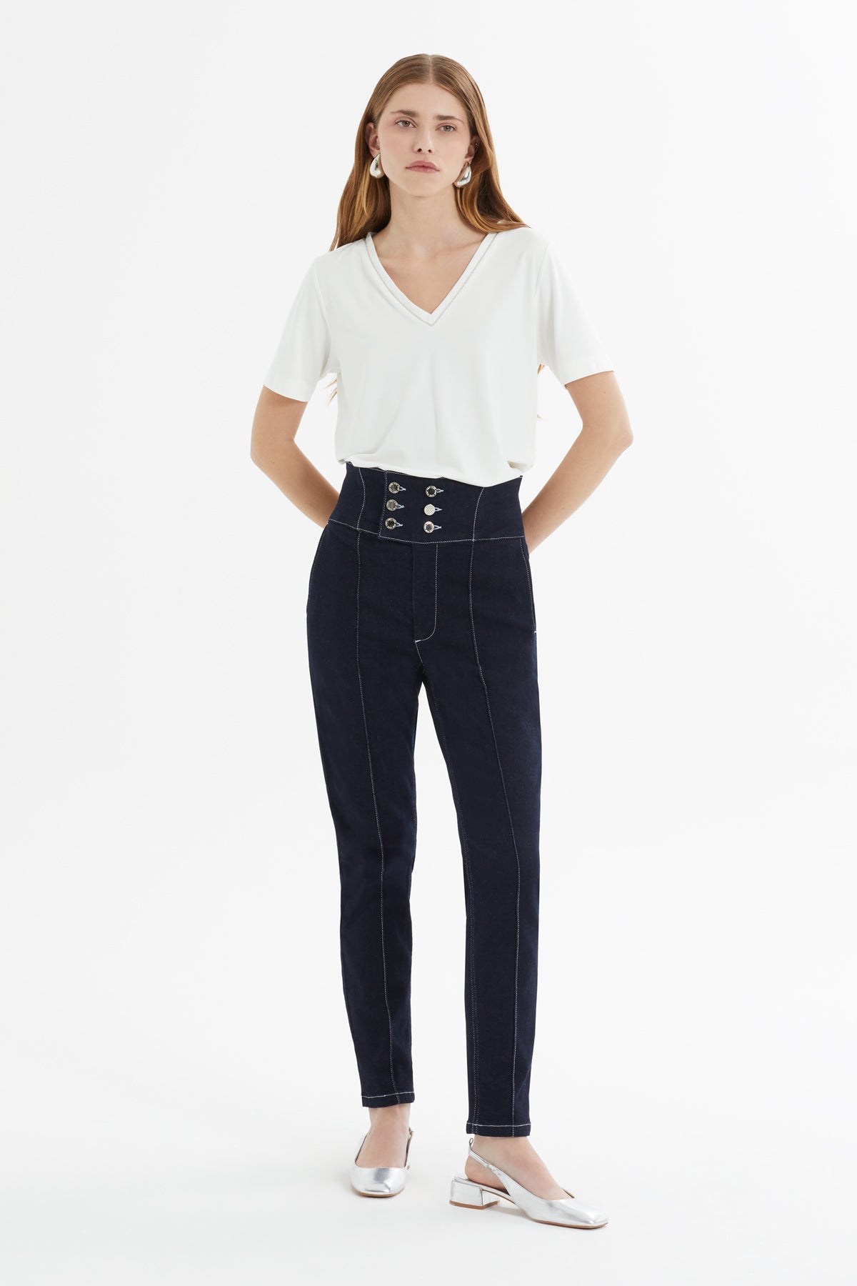 Double-Breasted Contrast-Stitch Denim Pants