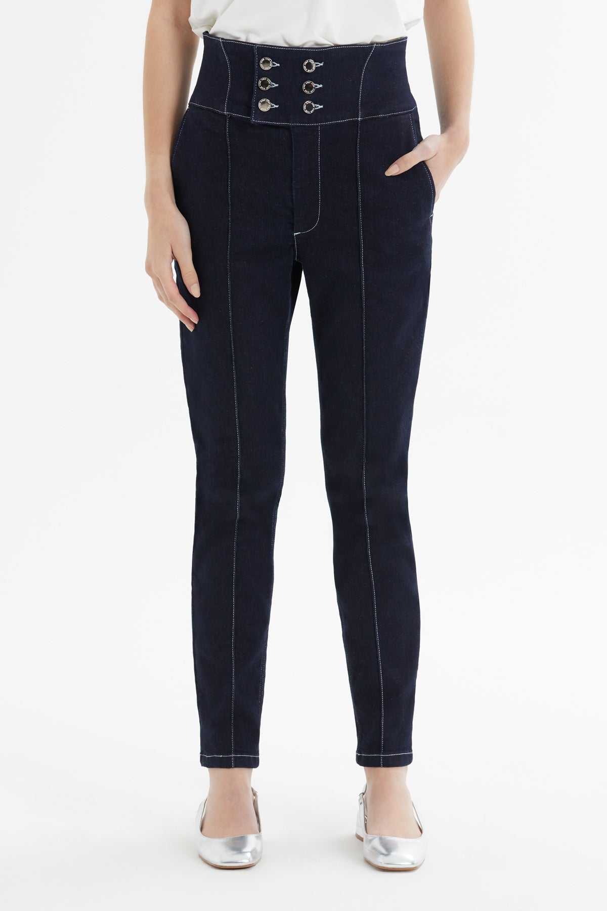 Double-Breasted Contrast-Stitch Denim Pants