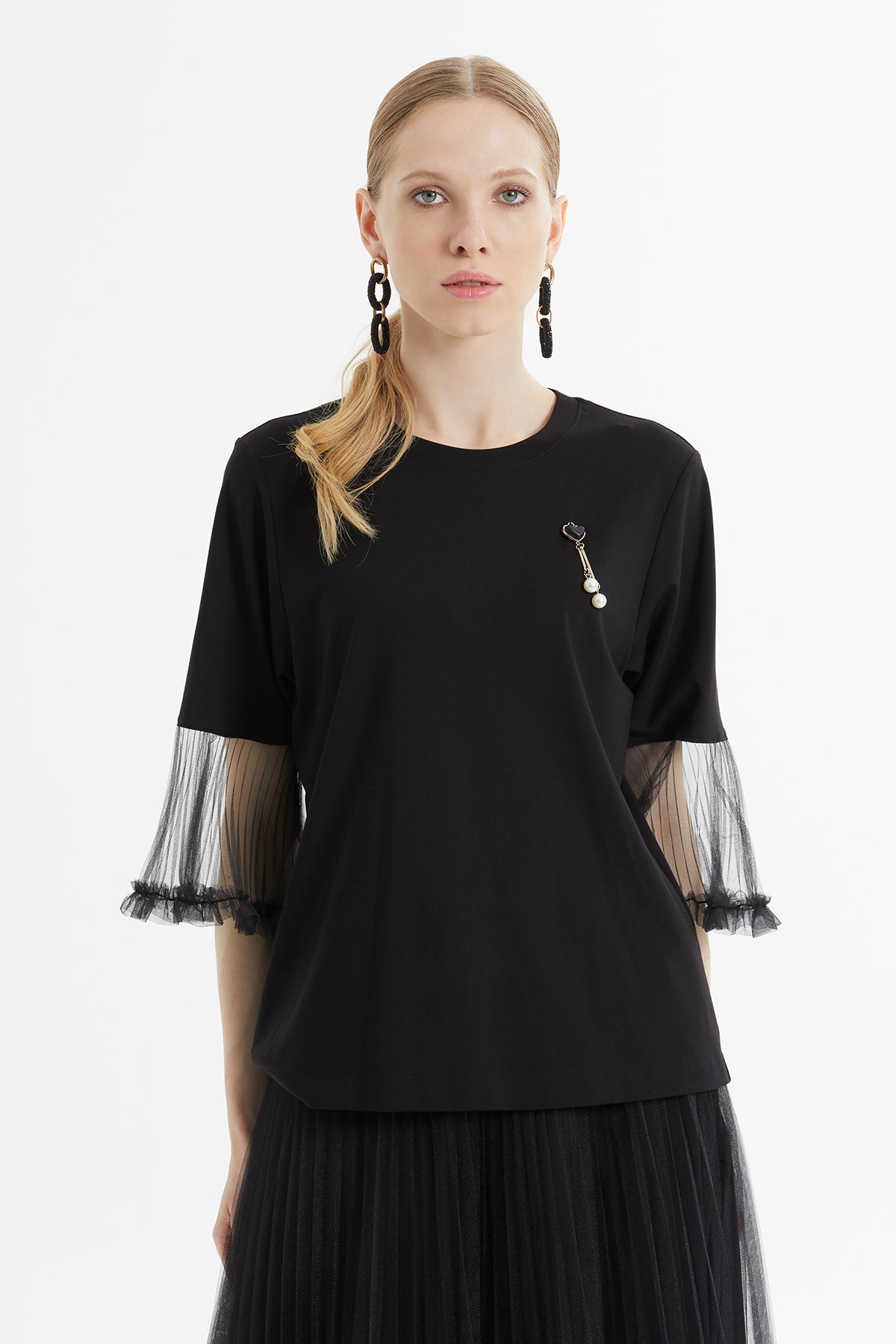 Black Tulle Ruffle Sleeve Blouse