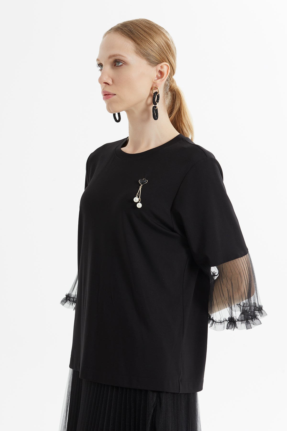 Black Tulle Ruffle Sleeve Blouse