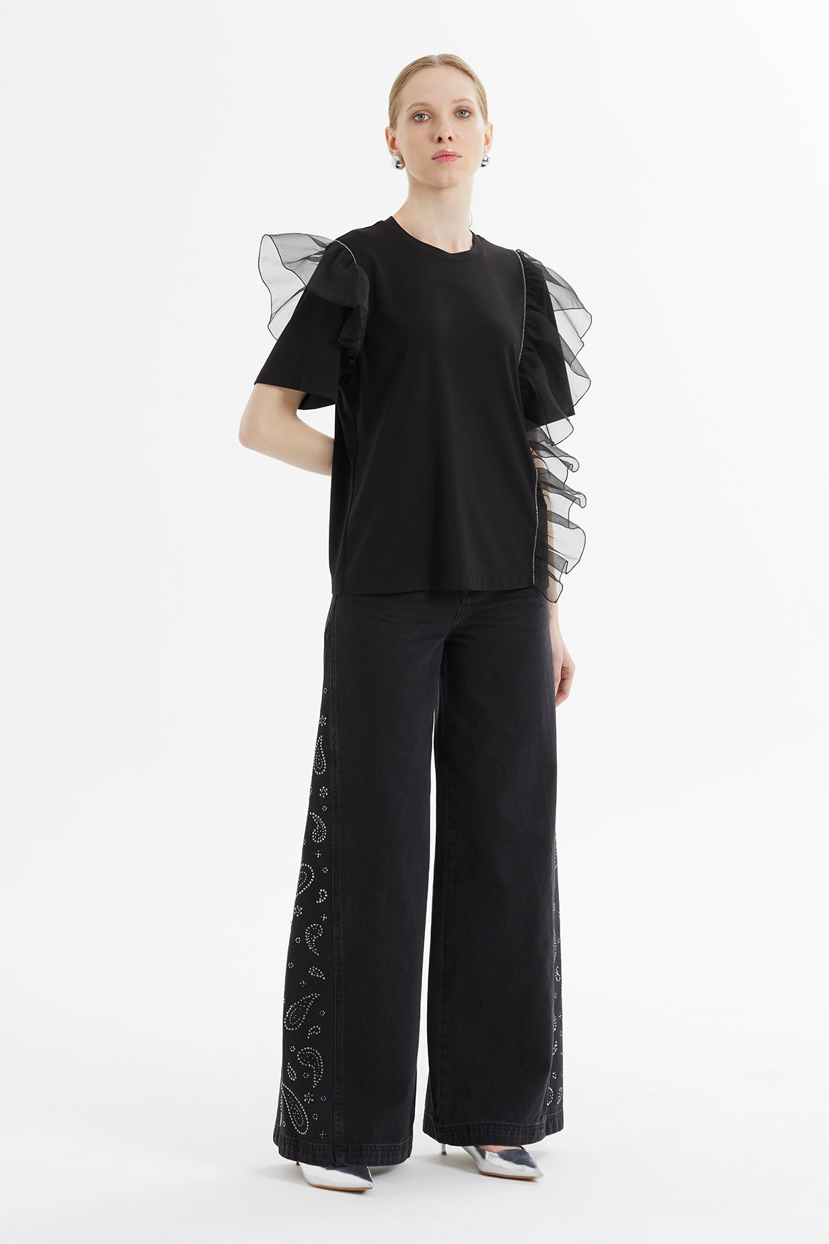 Black Tulle-Detail T-Shirt