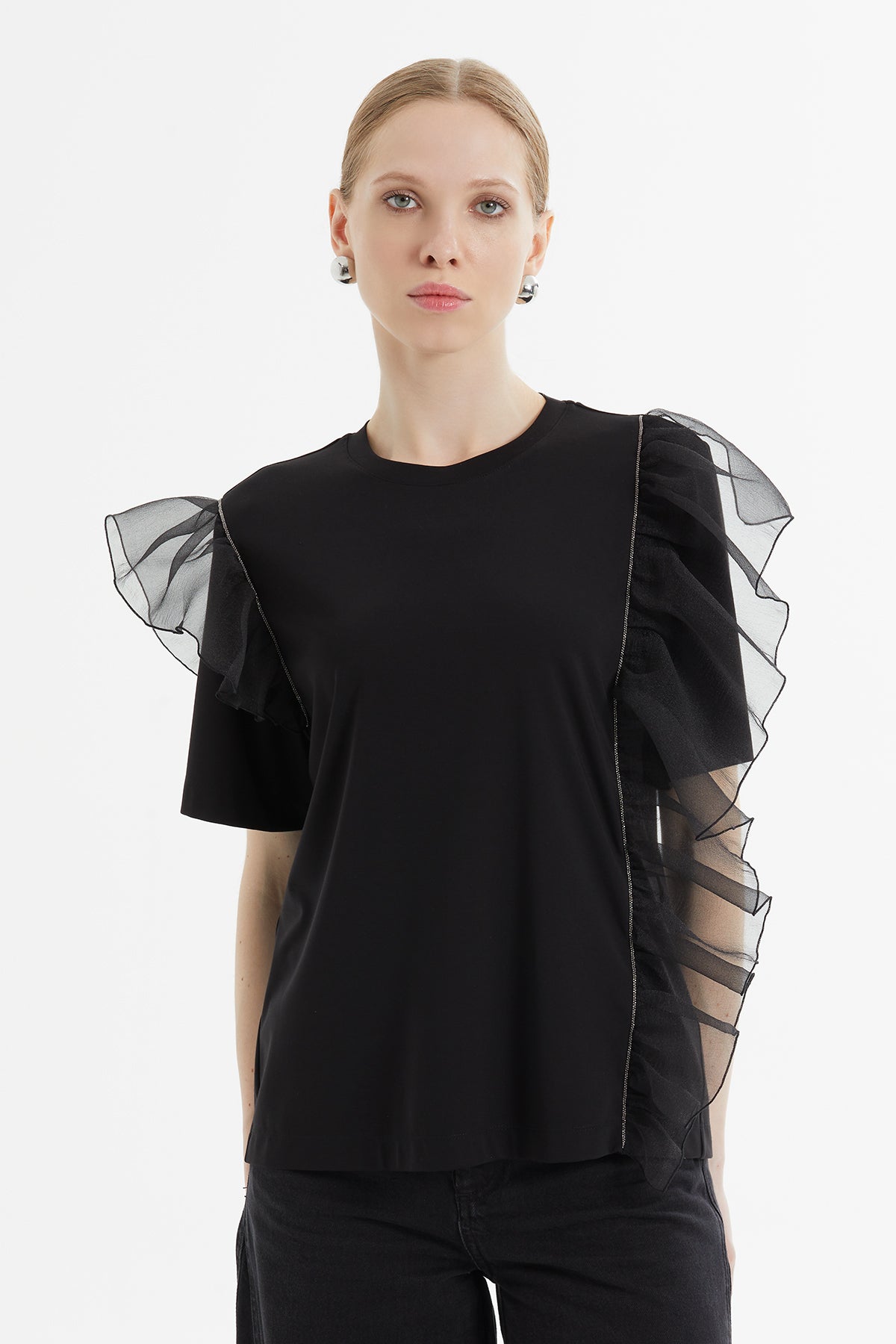 Black Tulle-Detail T-Shirt