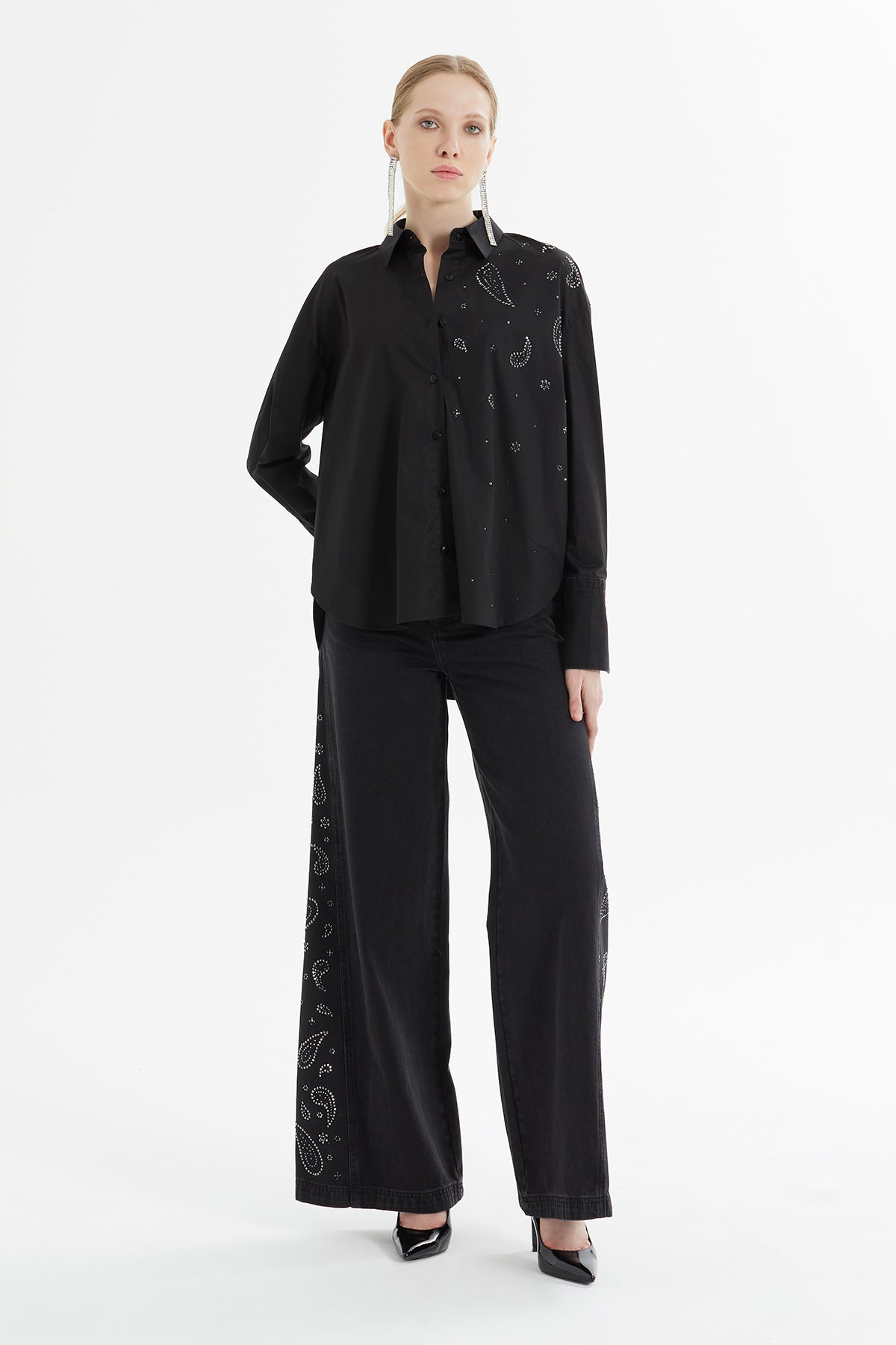 Black Stone-Detail Cotton Shirt