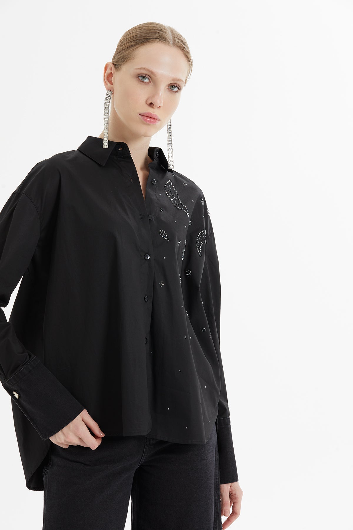 Black Stone-Detail Cotton Shirt