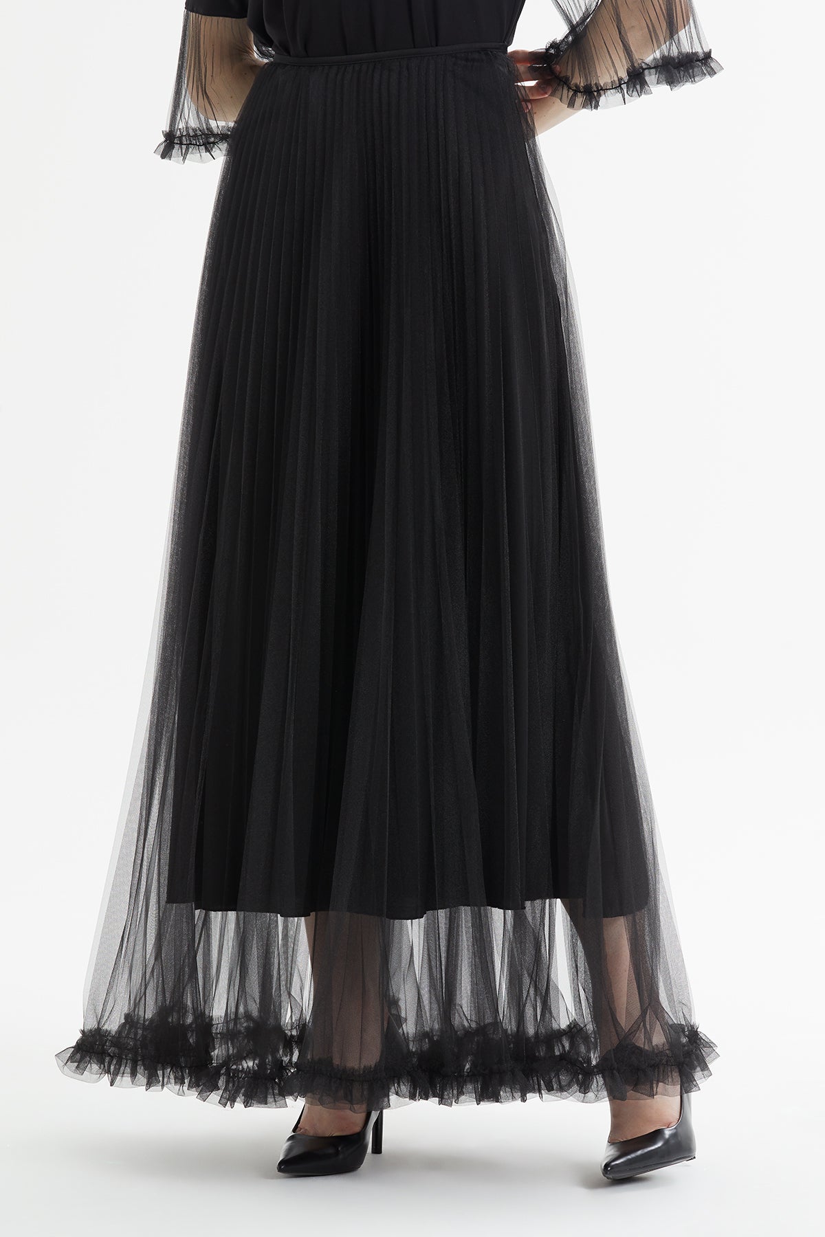 Black Tulle-Detail Midi Skirt