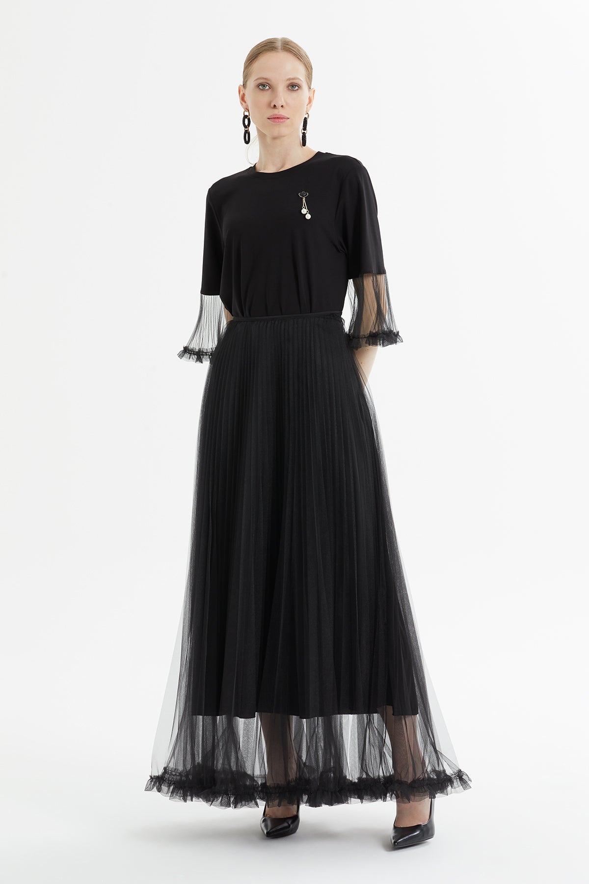 Black Tulle-Detail Midi Skirt