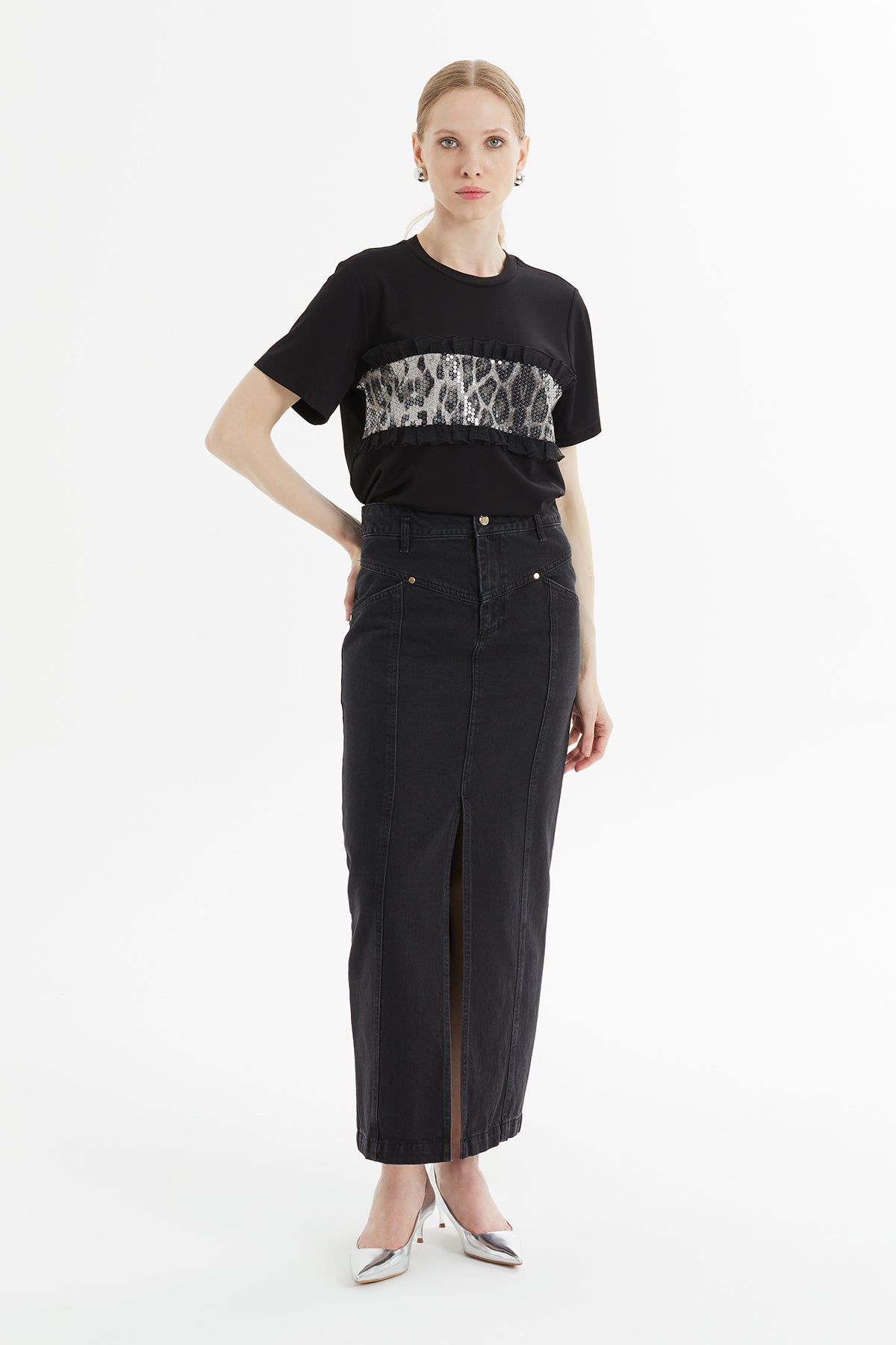 Black Slit-Detail Maxi Denim Skirt