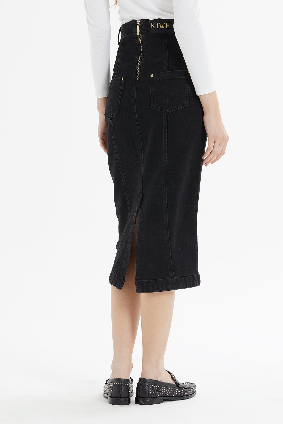 Black Button-Front Midi Denim Skirt