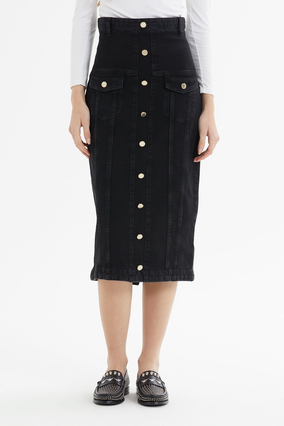 Black Button-Front Midi Denim Skirt