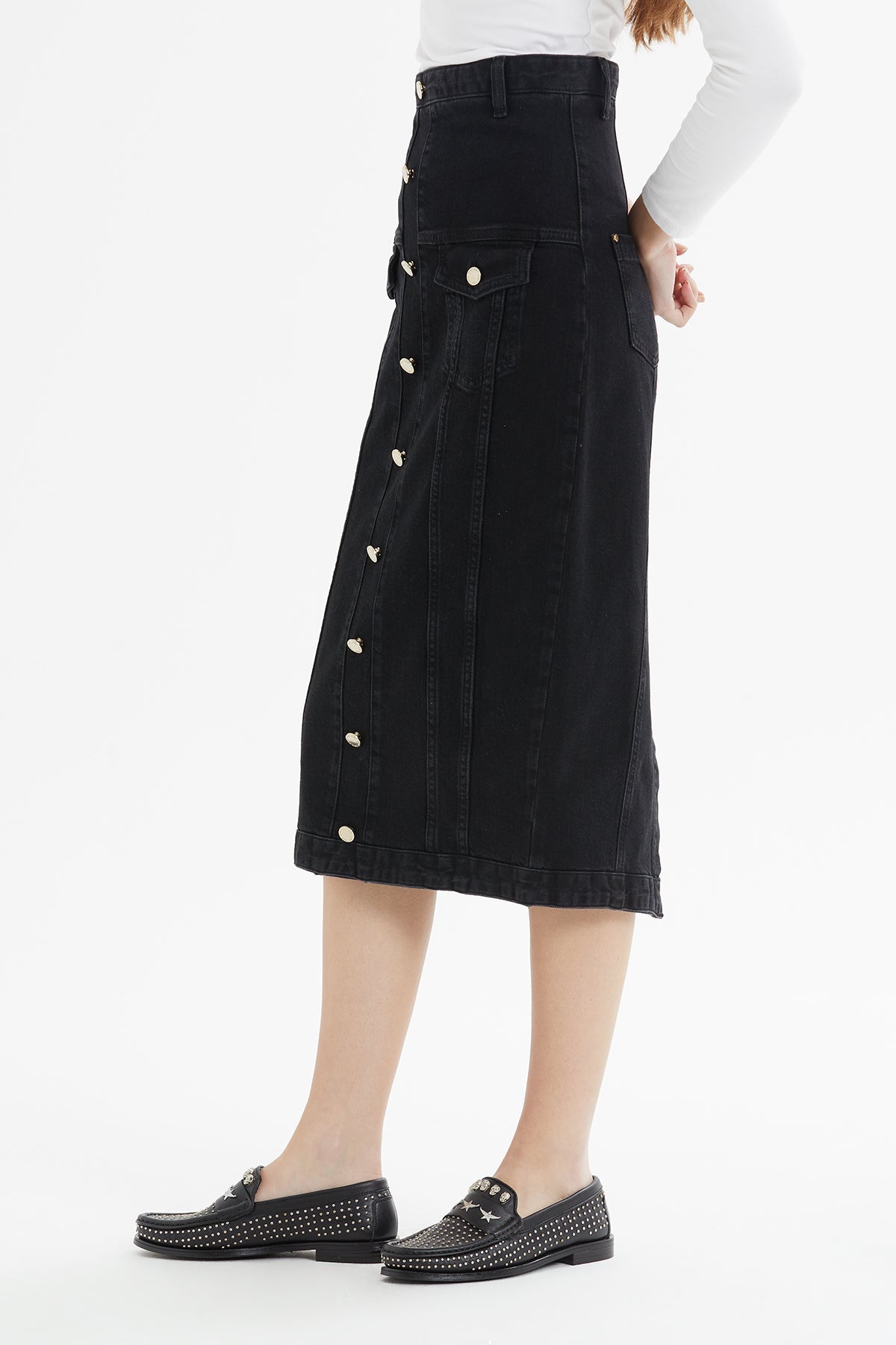 Black Button-Front Midi Denim Skirt