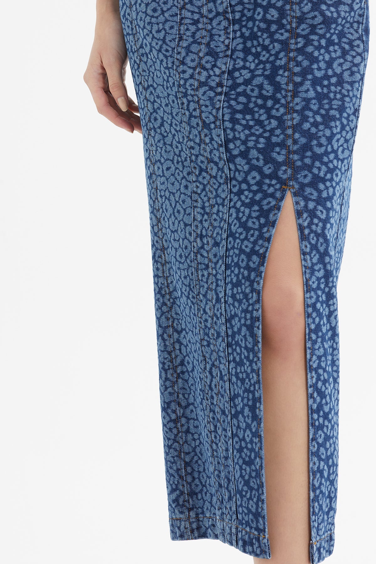 Blue Patterned Slit-Detail Midi Denim Skirt