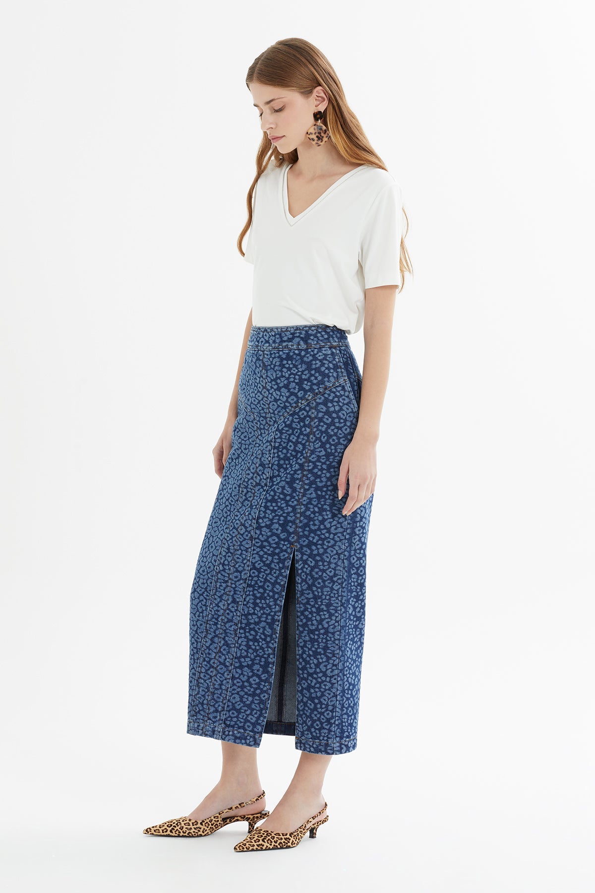 Blue Patterned Slit-Detail Midi Denim Skirt
