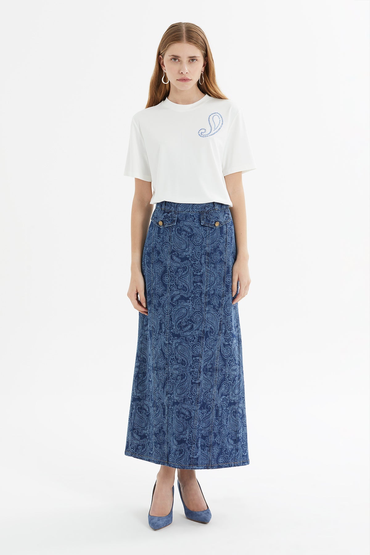 Blue Pocketed Midi Denim Skirt