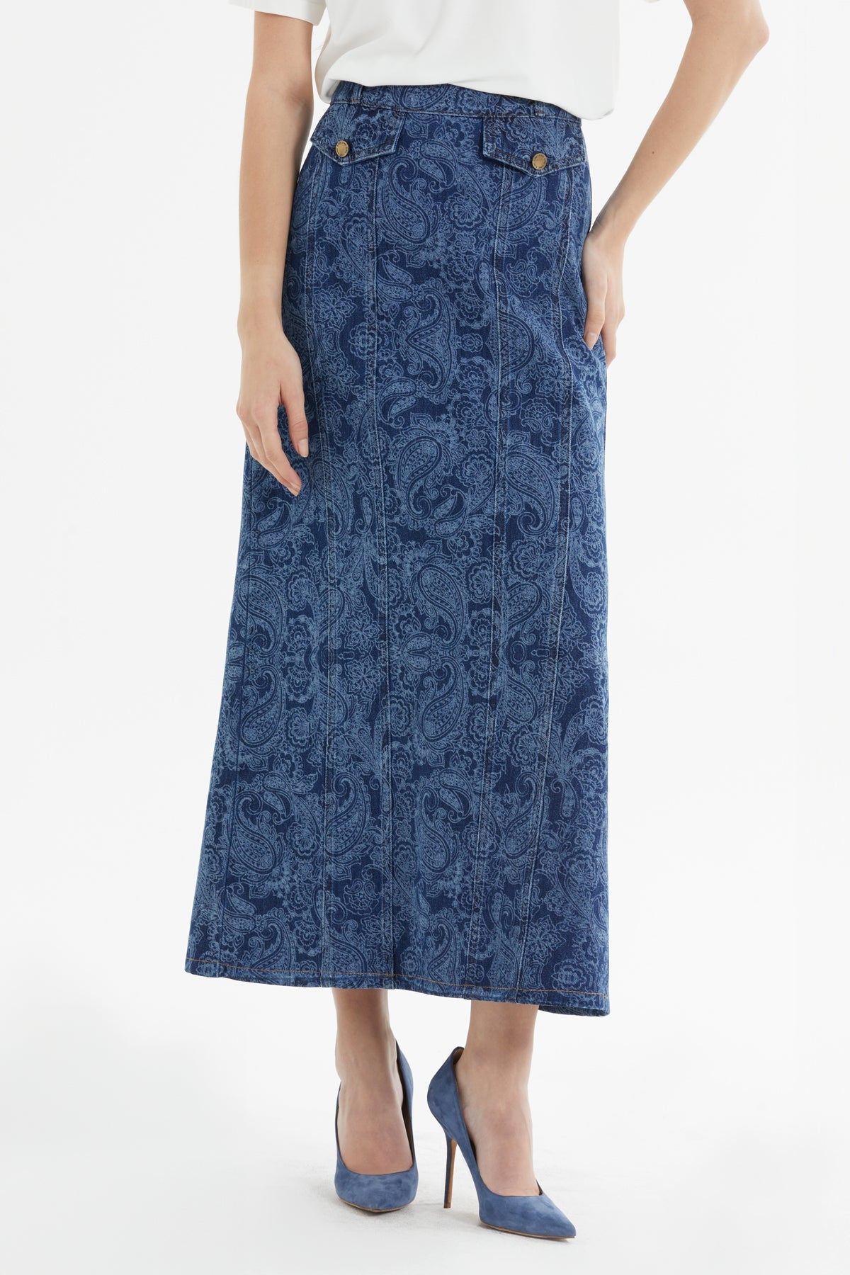 Blue Pocketed Midi Denim Skirt