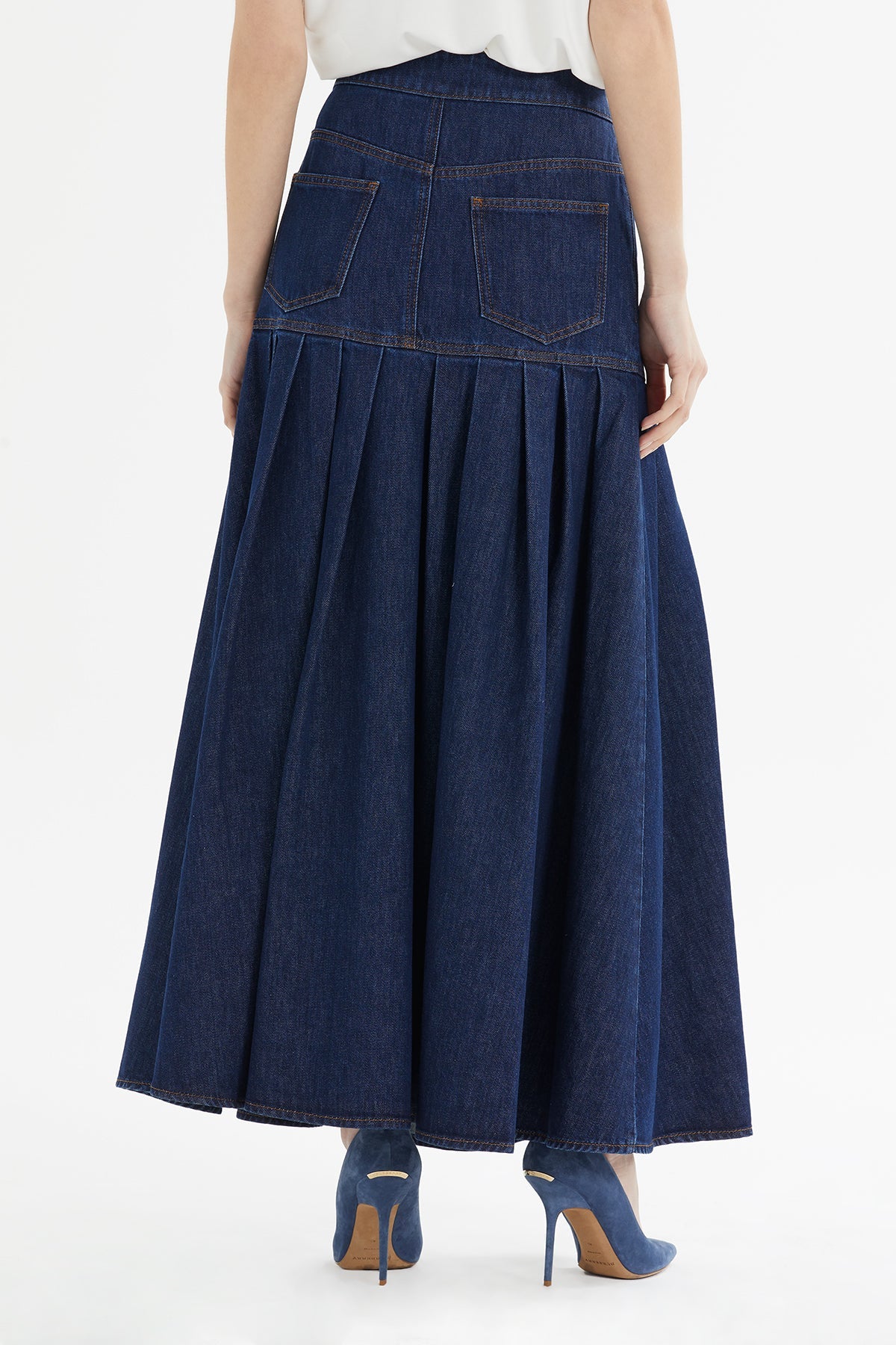 Navy Pleated Maxi Denim Skirt