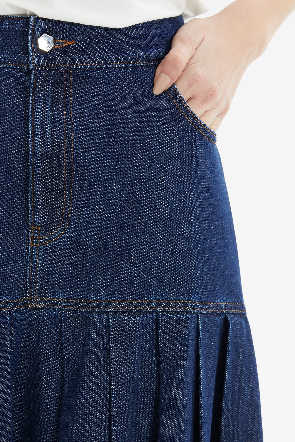 Navy Pleated Maxi Denim Skirt