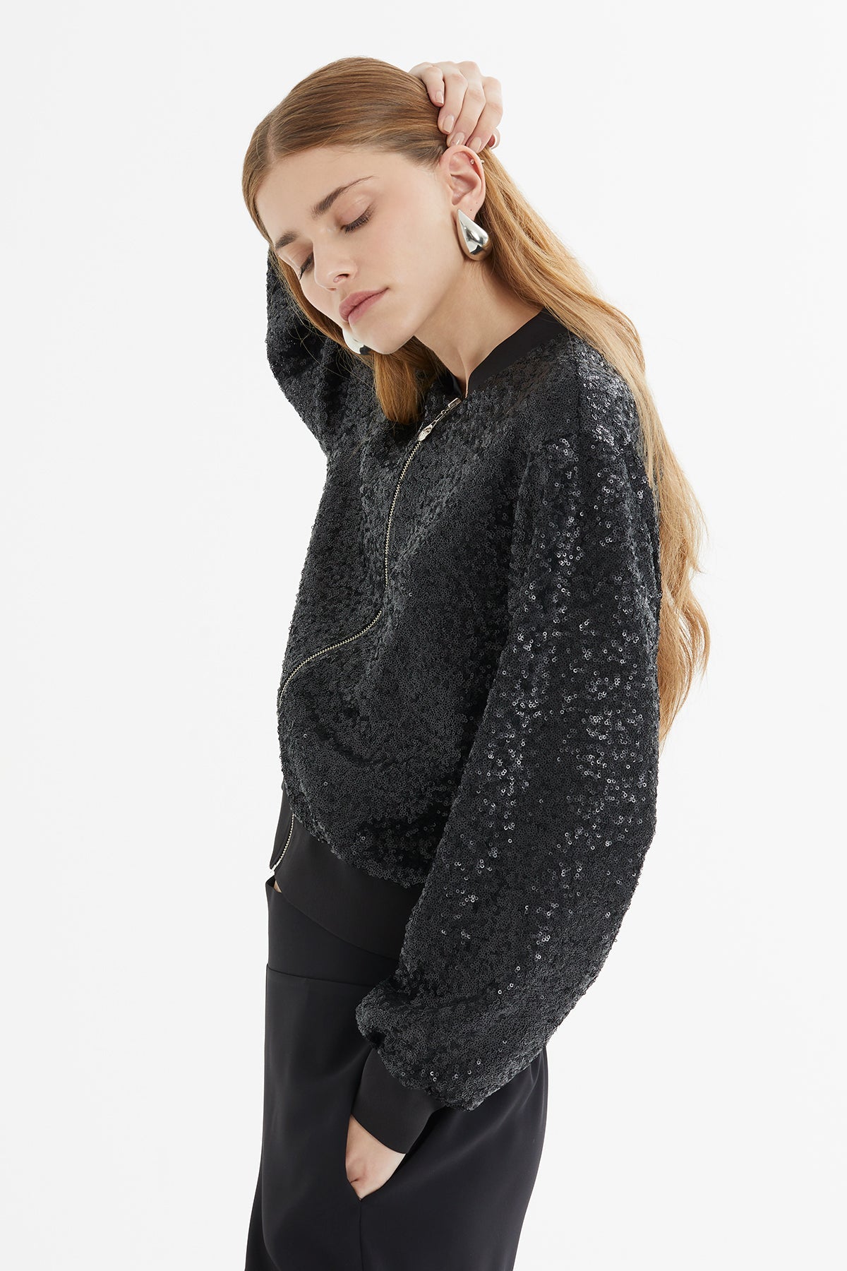 Front Metal Zipper Sequin Bomber  Jacket