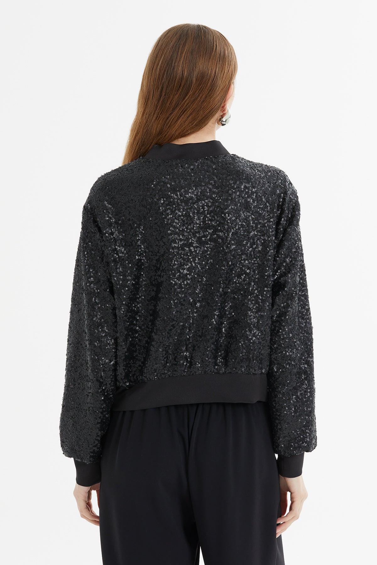 Front Metal Zipper Sequin Bomber  Jacket