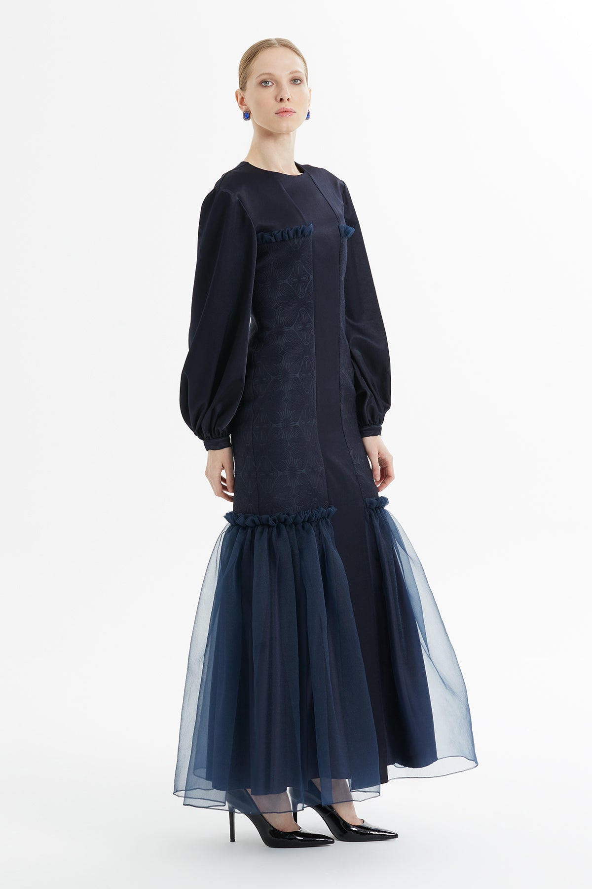 Navy Long Dress with Tulle Detail