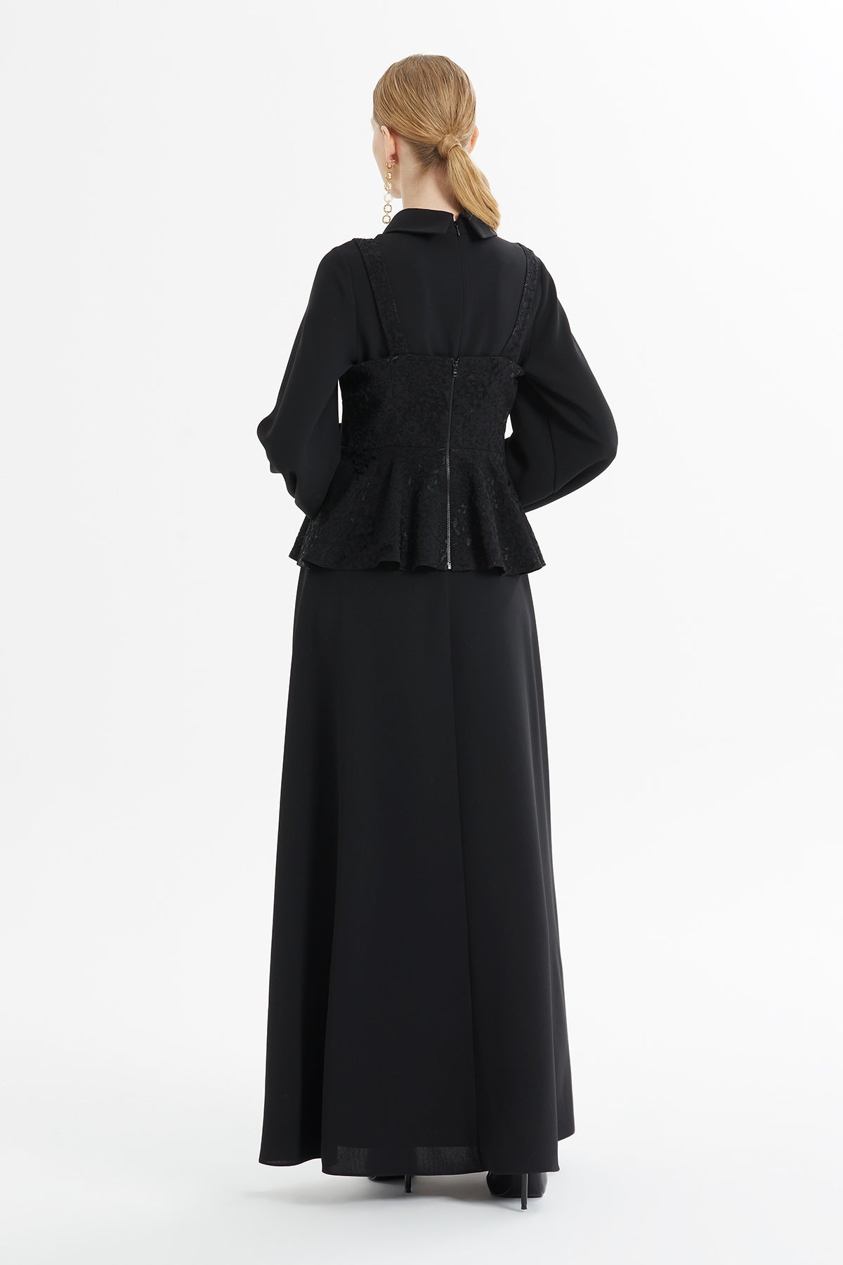 Black Lace-Detail Peplum Long Dress