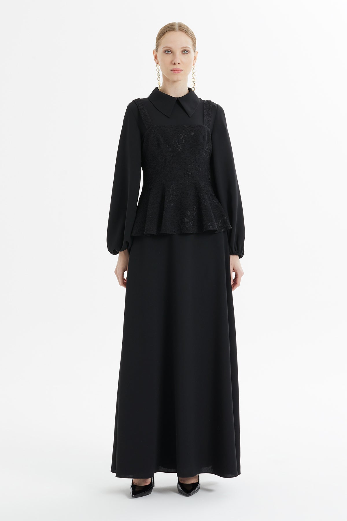 Black Lace-Detail Peplum Long Dress