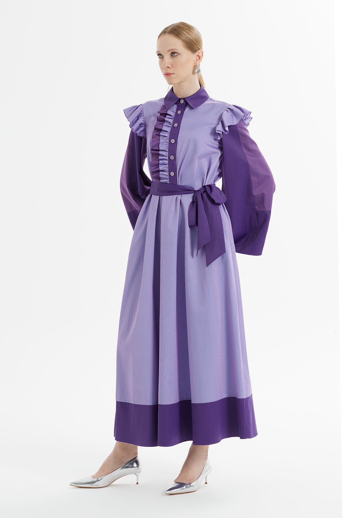 Purple Long Dress with Ruffled Shoulders