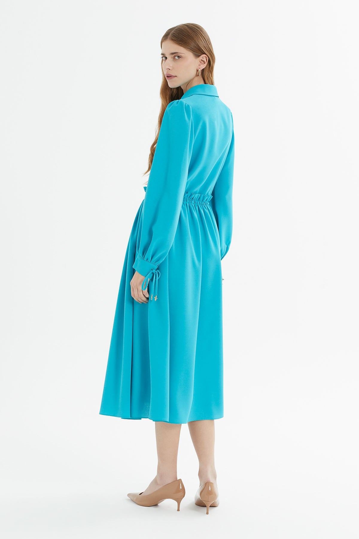 Bleu Midi Dress with Gathered Waist