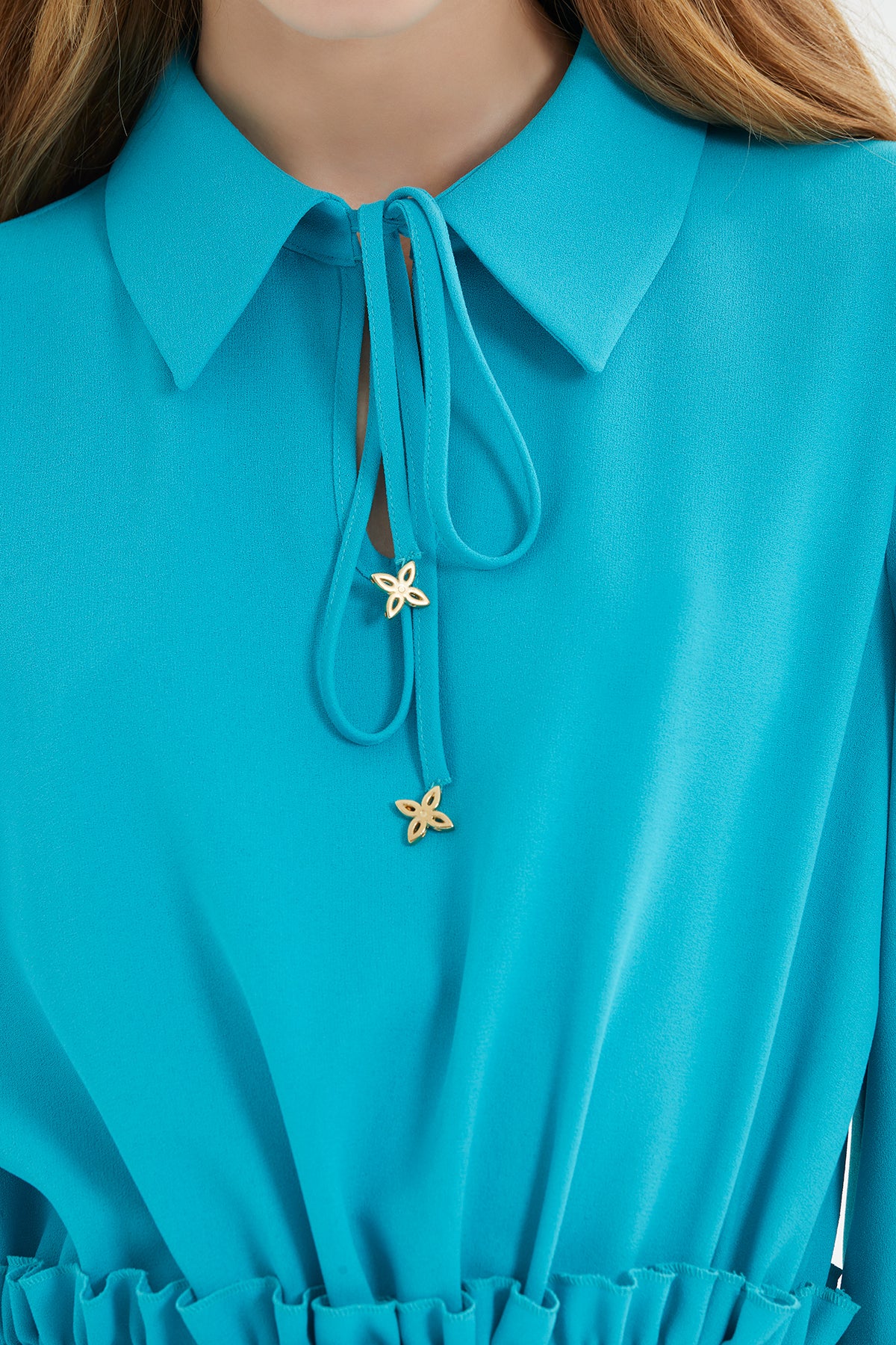 Blue Midi Dress with Gathered Waist