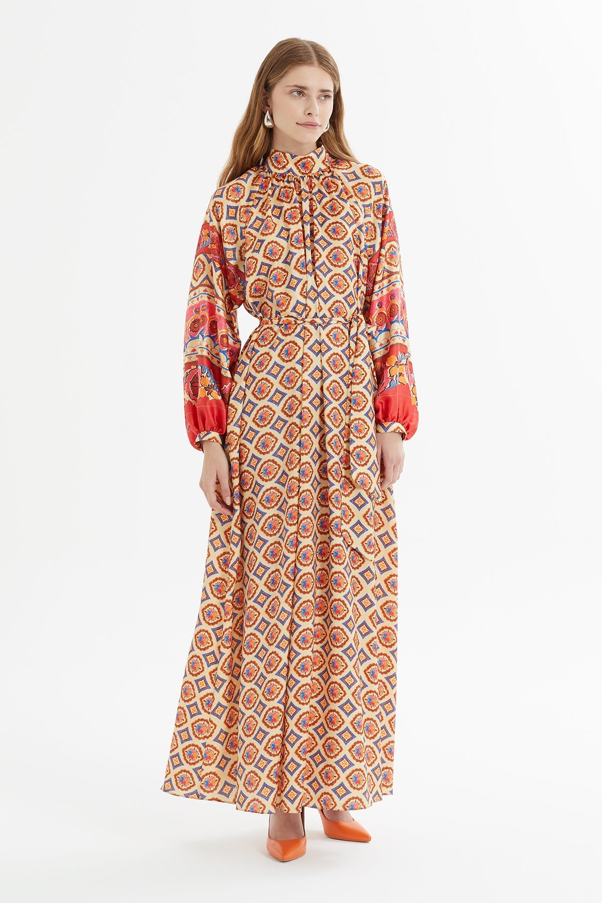 Printed Long Dress with Belt Detail