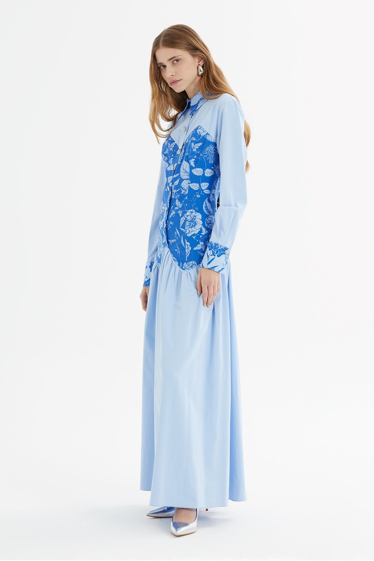 Blue Long Dress with Printed Details
