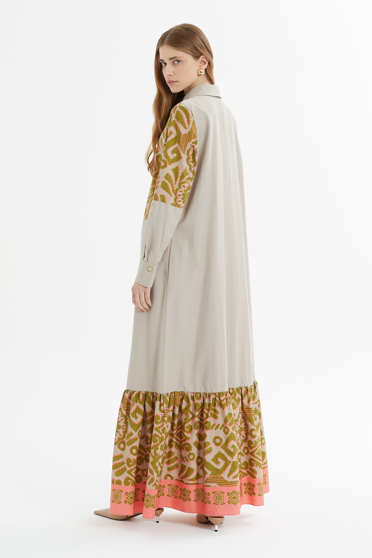 Beige Long Dress with Pattern Details