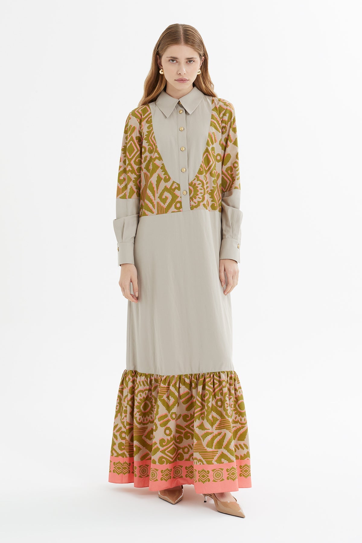 Beige Long Dress with Pattern Details