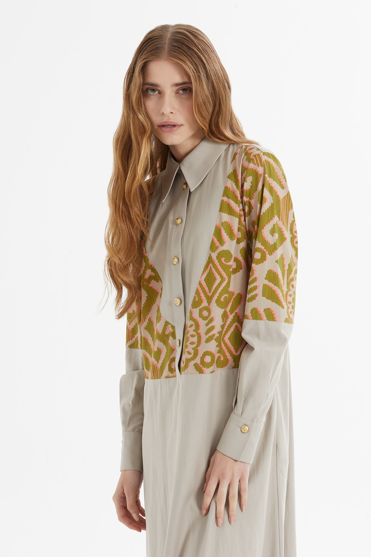 Beige Long Dress with Pattern Details