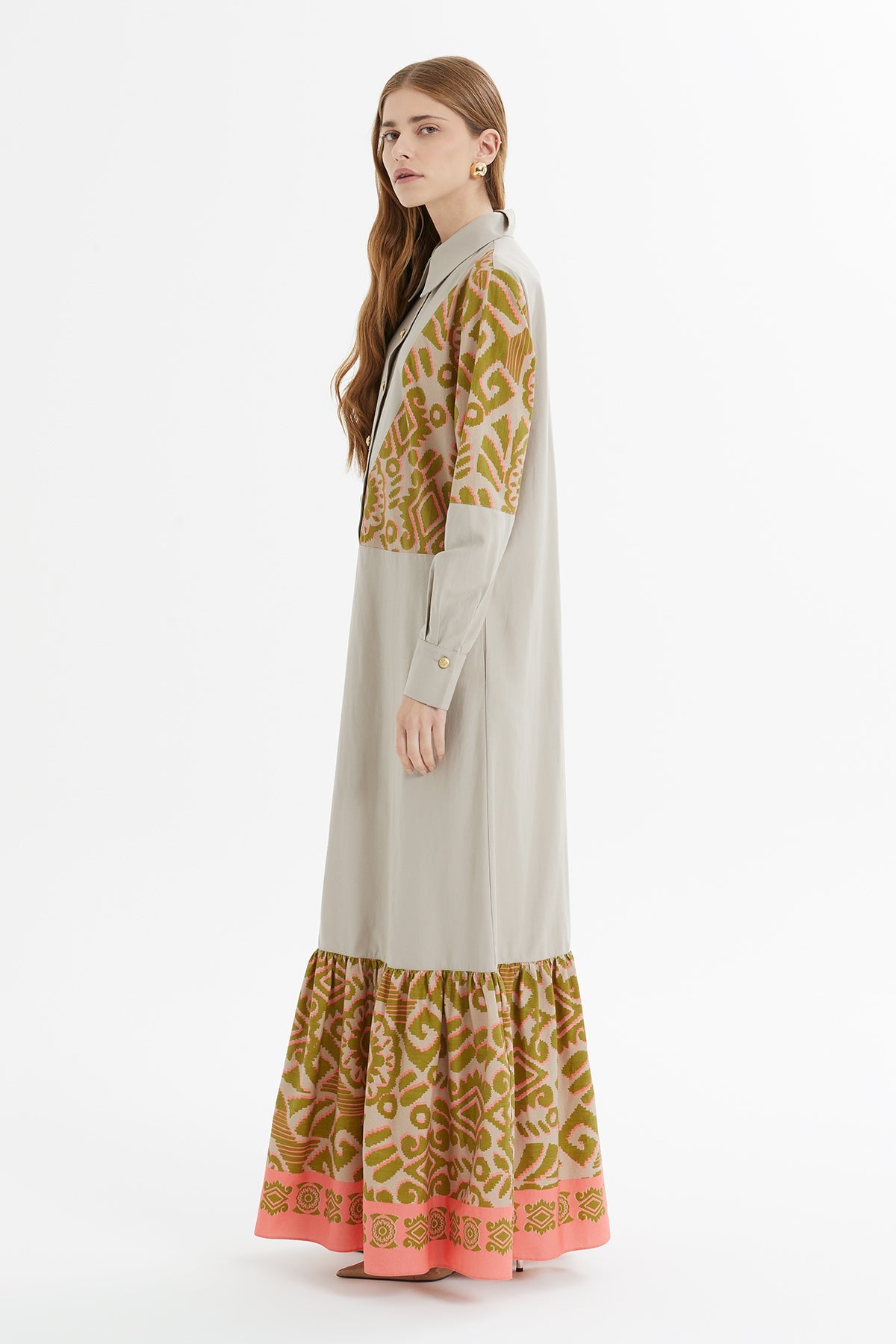 Beige Long Dress with Pattern Details