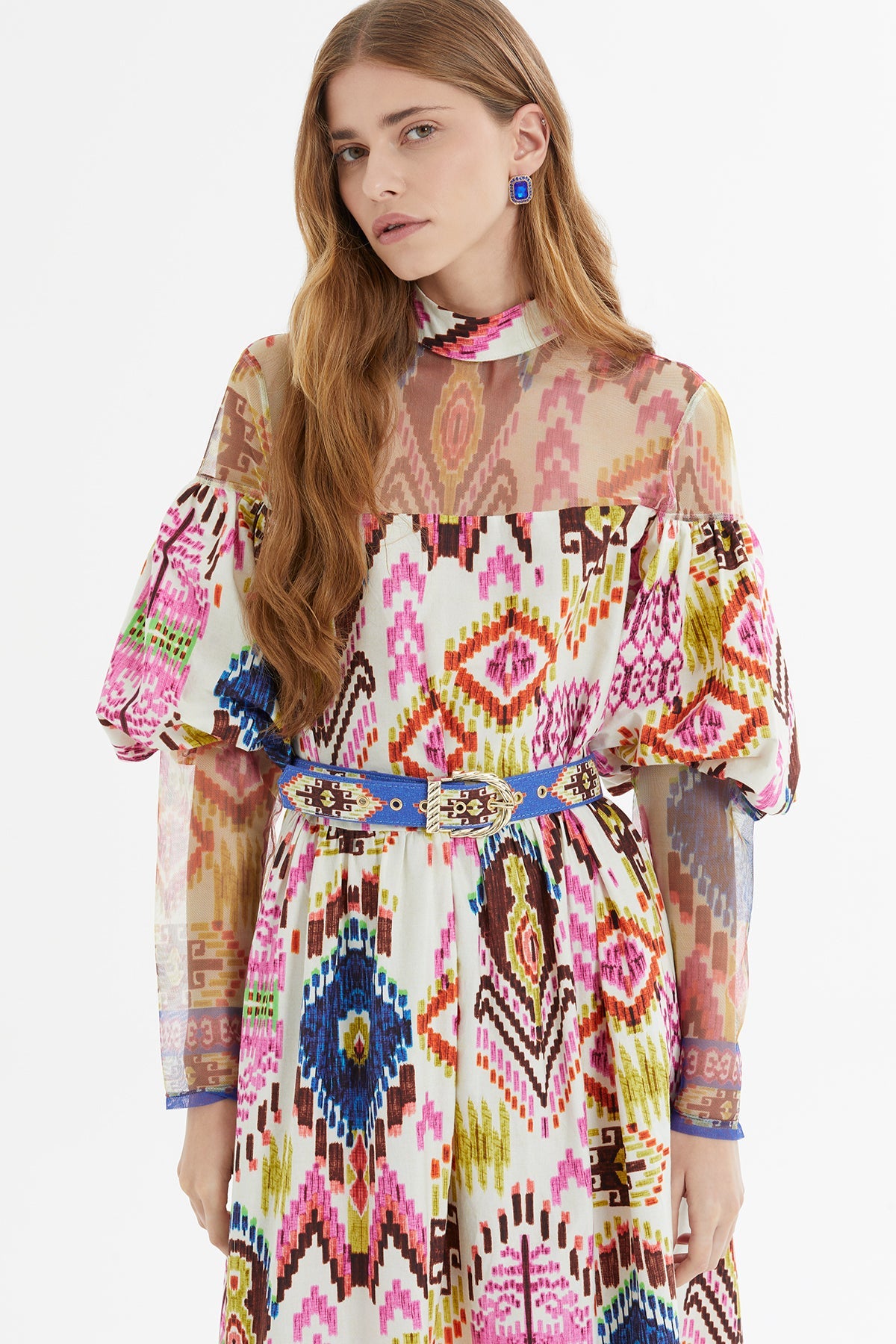 Printed Balloon-Sleeve Long Dress