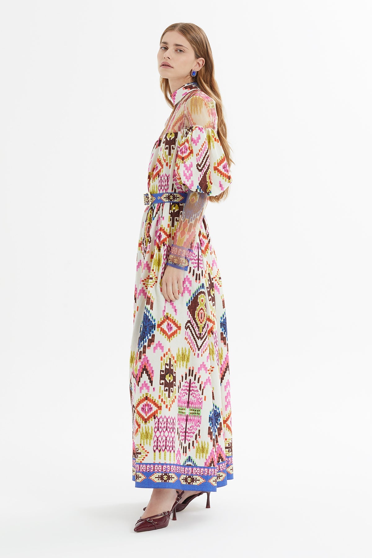 Printed Balloon-Sleeve Long Dress