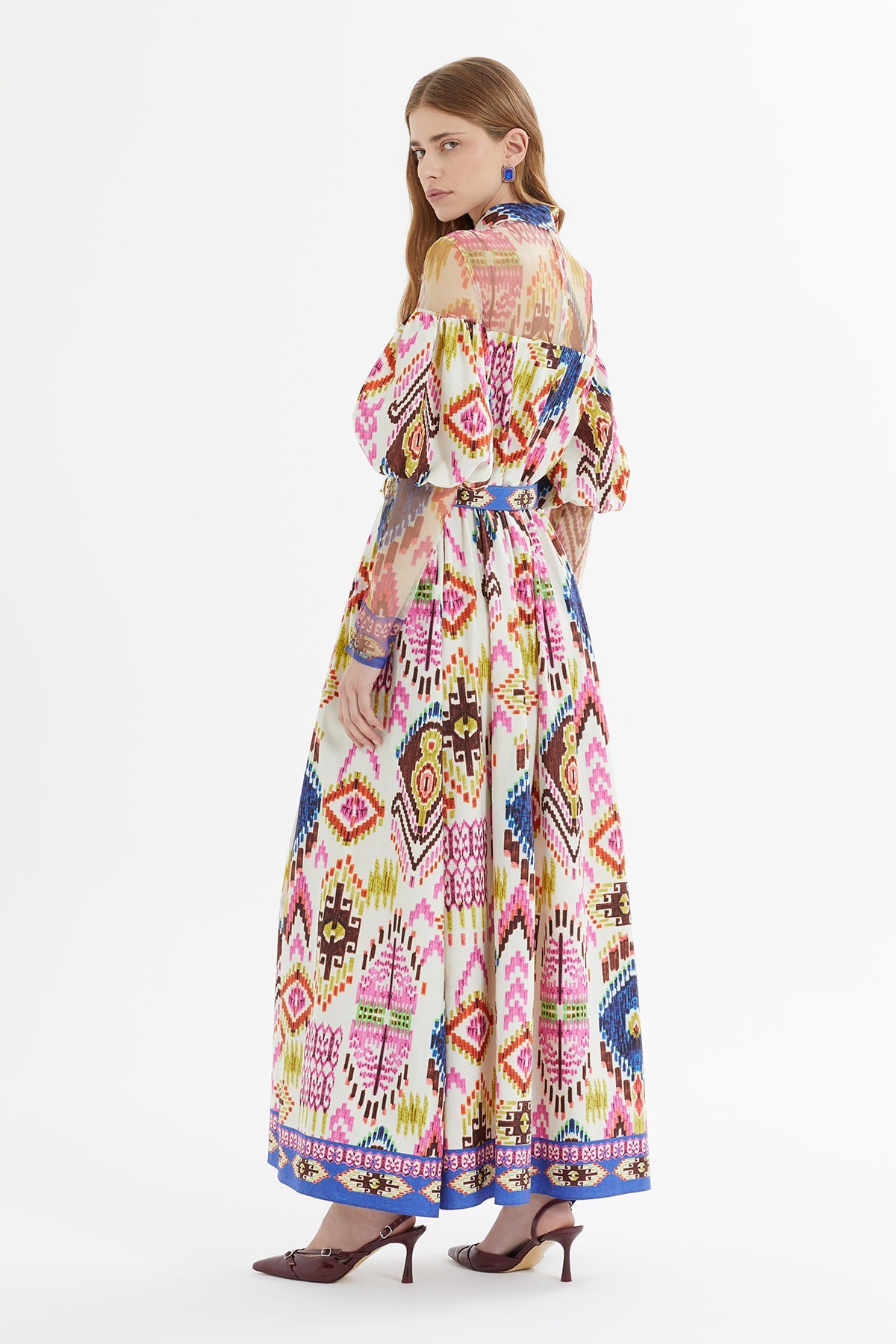 Printed Balloon-Sleeve Long Dress