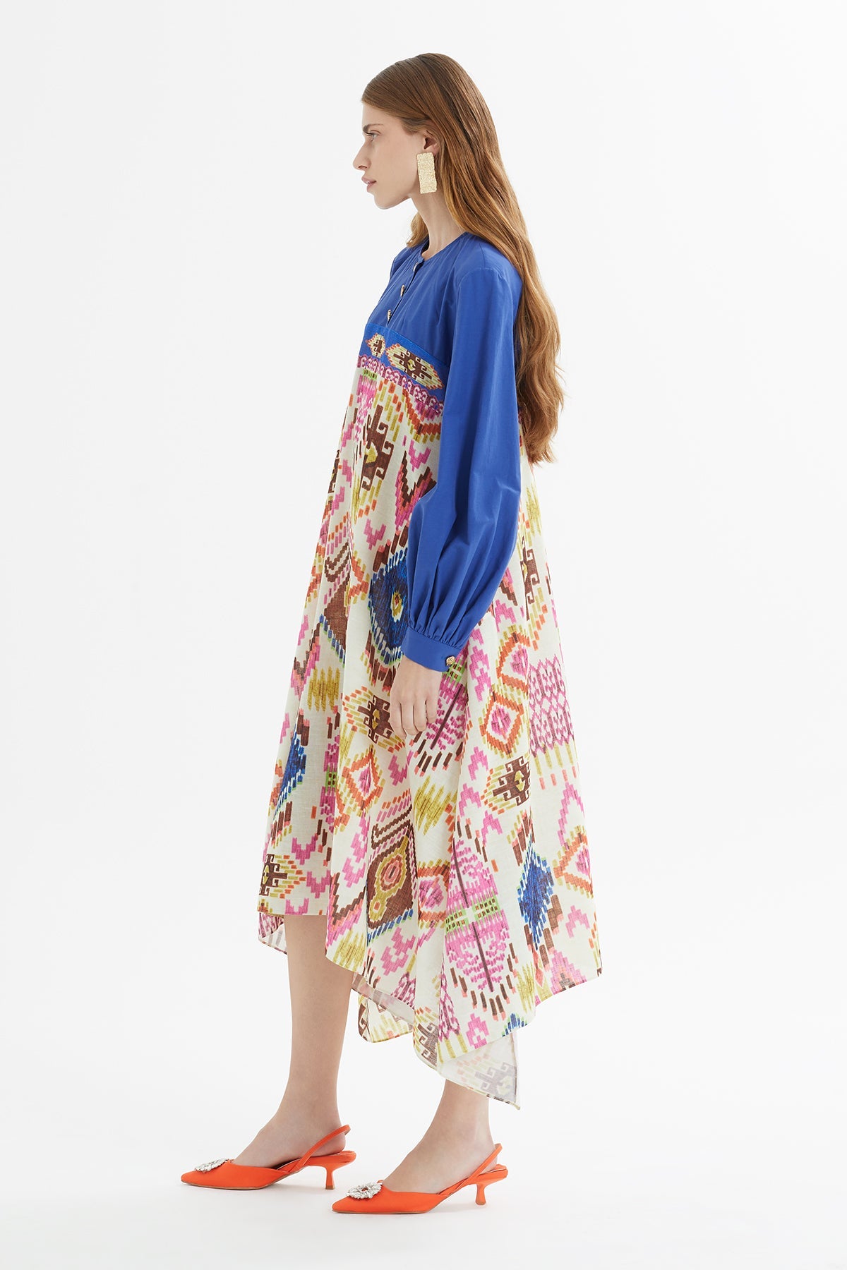 Printed Asymmetrical Midi Blue Dress