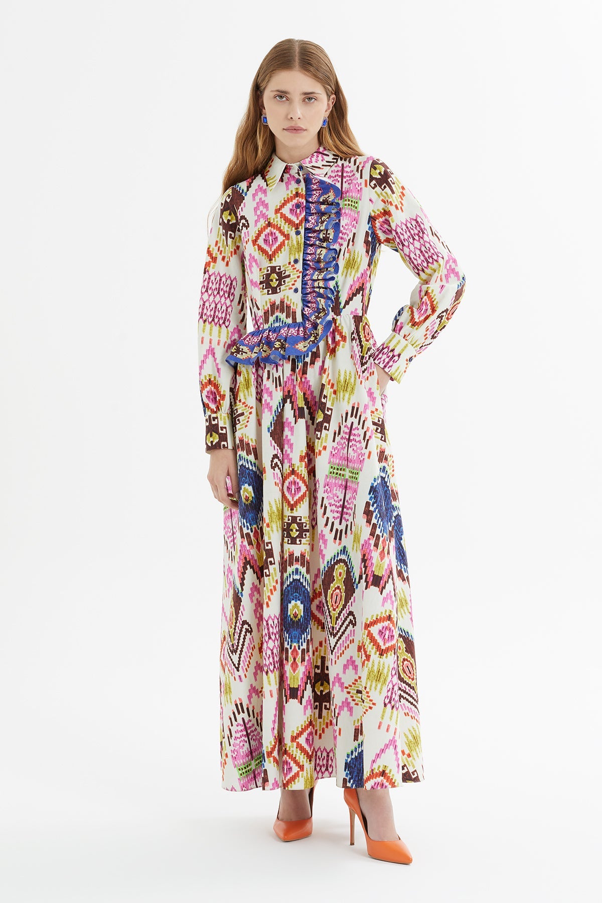 Printed Long Dress with Front Ruffle