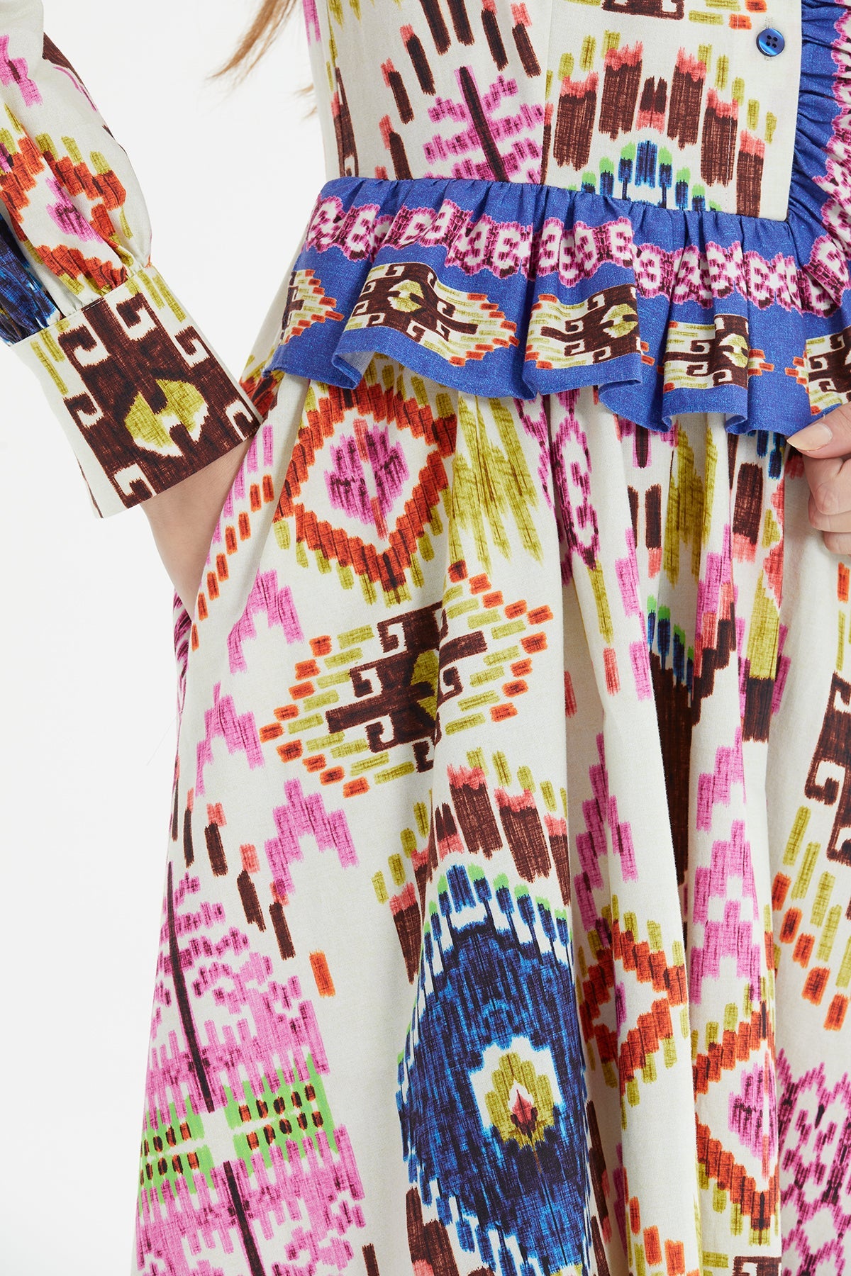 Printed Long Dress with Front Ruffle