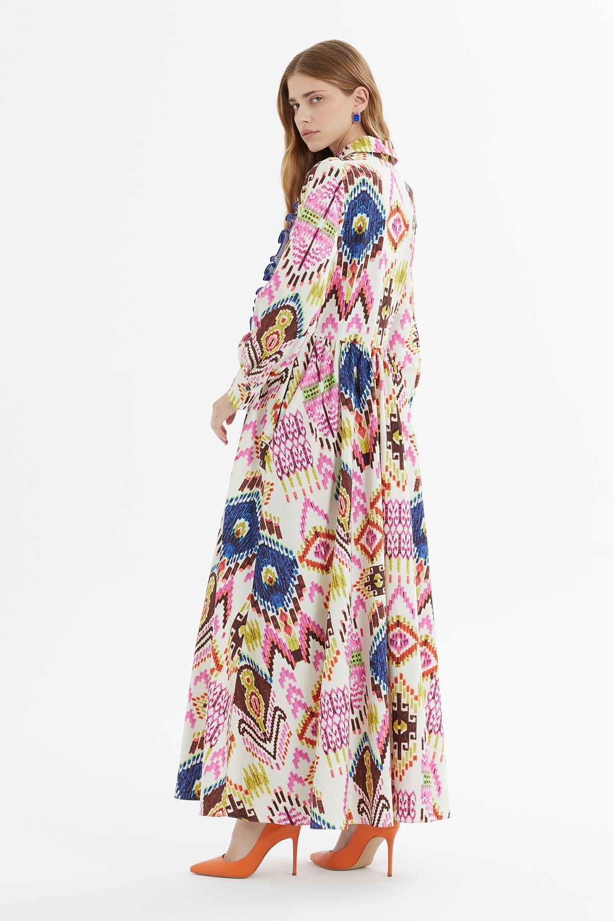 Printed Long Dress with Front Ruffle