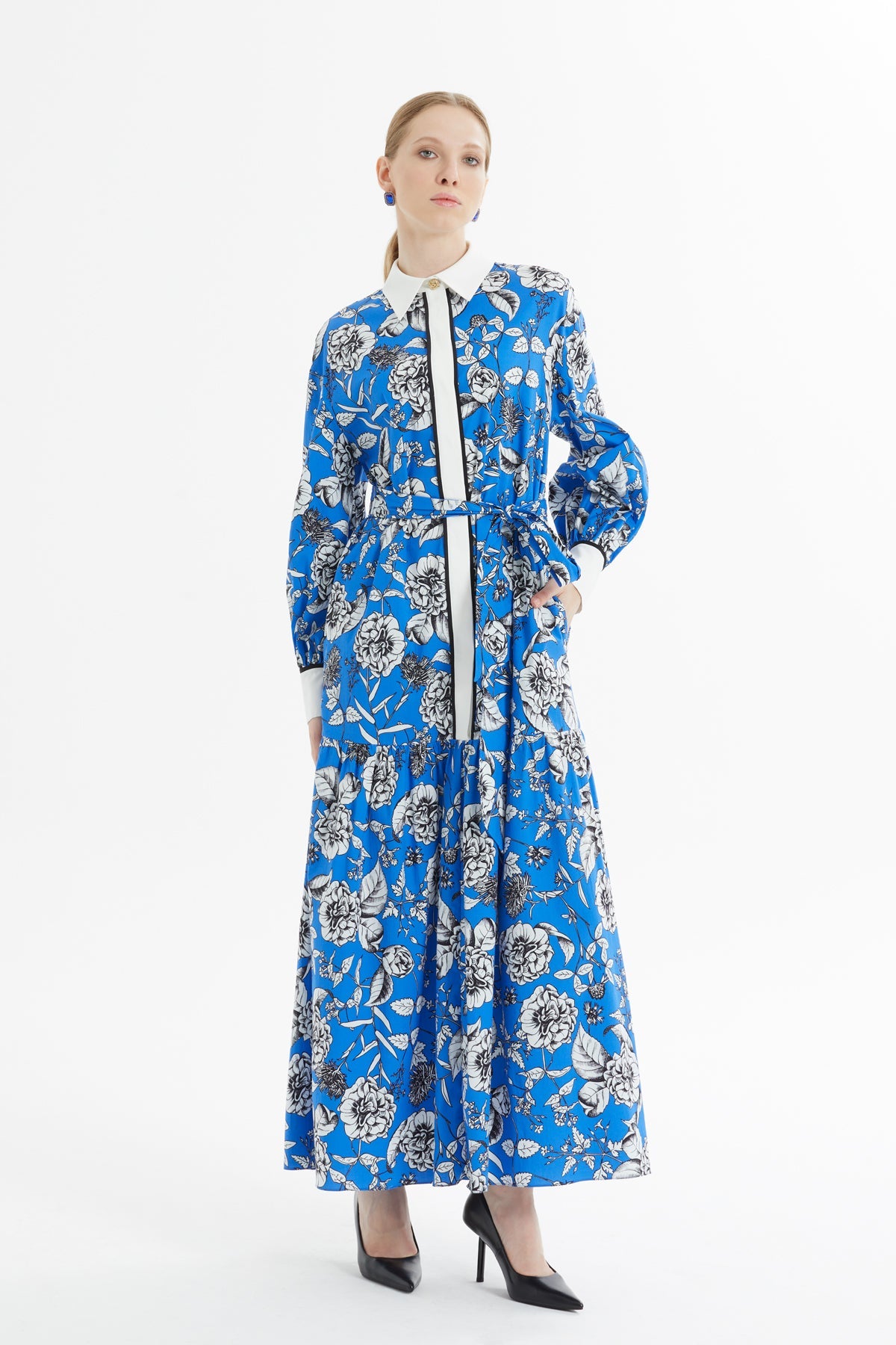 Printed Shirt-Collar Blue Long Dress