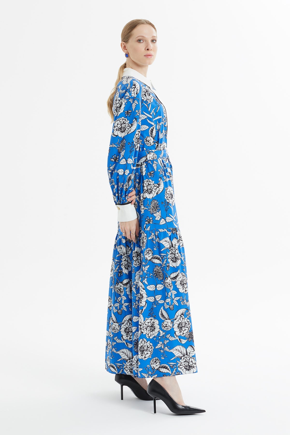 Printed Shirt-Collar Blue Long Dress