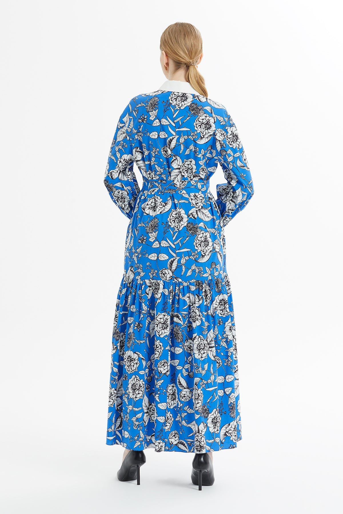 Printed Shirt-Collar Blue Long Dress